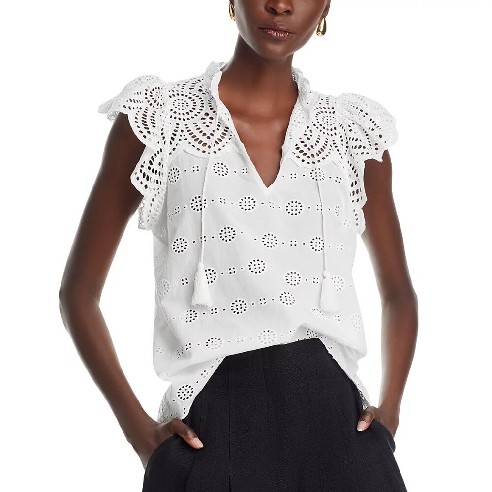 Aqua Eyelet Flutter Sleeve Top